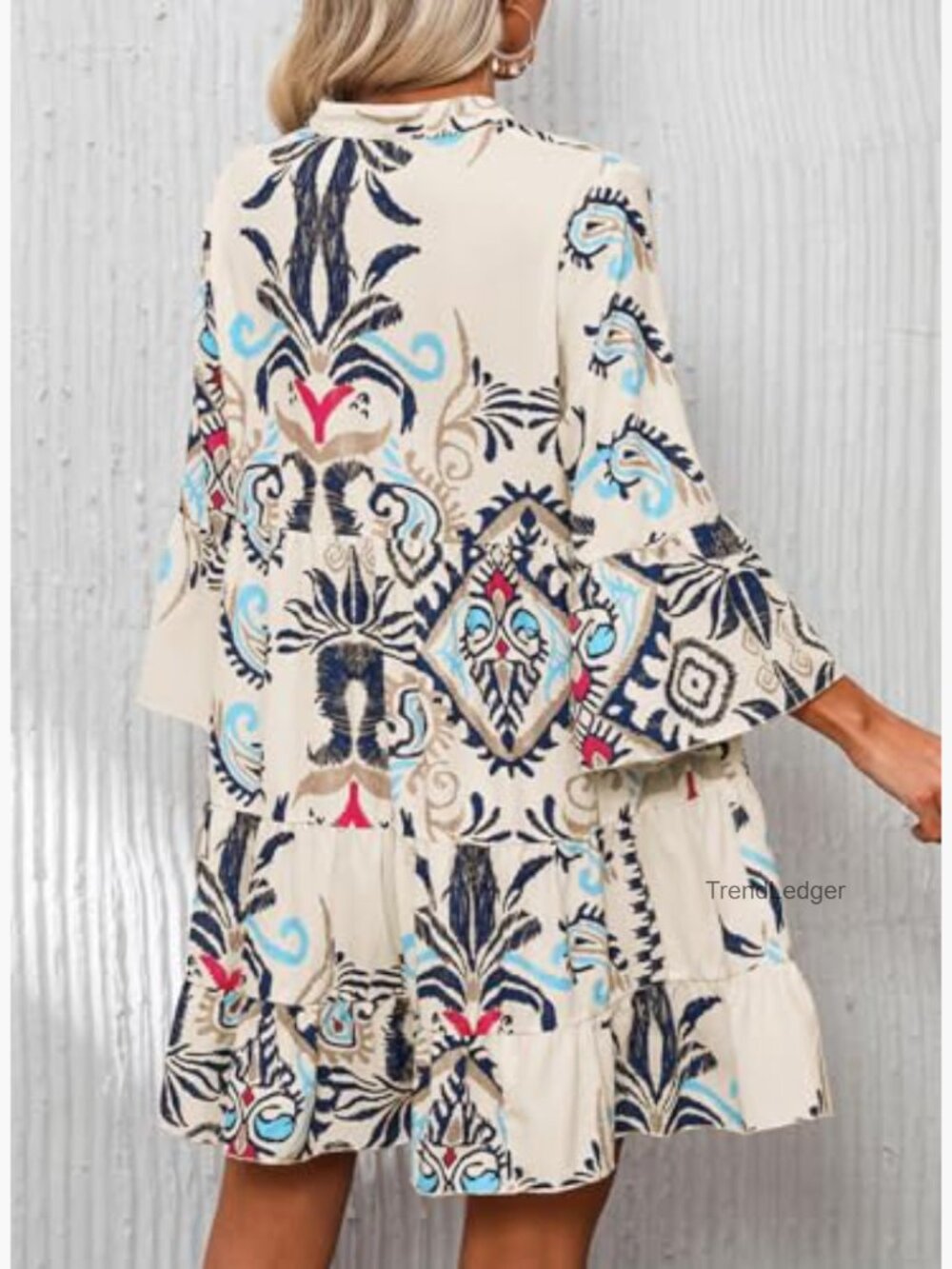 Flowy Babydoll Boho Mini Dress with 3/4 Sleeves and Tiered Hem - Picture 3 of 5